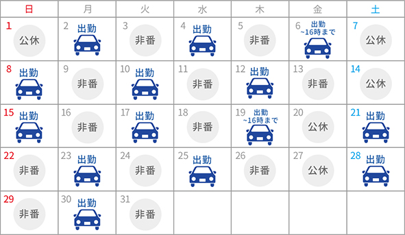 石川近鉄タクシーの出勤シフト表（例）のイメージ画像